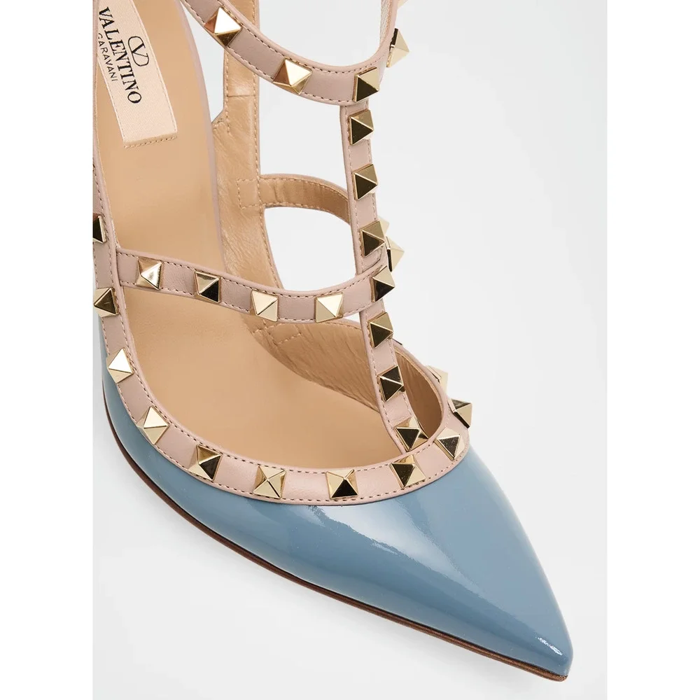 Valentino Rockstud 100mm Grey Blue Patent Poudre Nude Ankle Strap Heel Pump 36.5